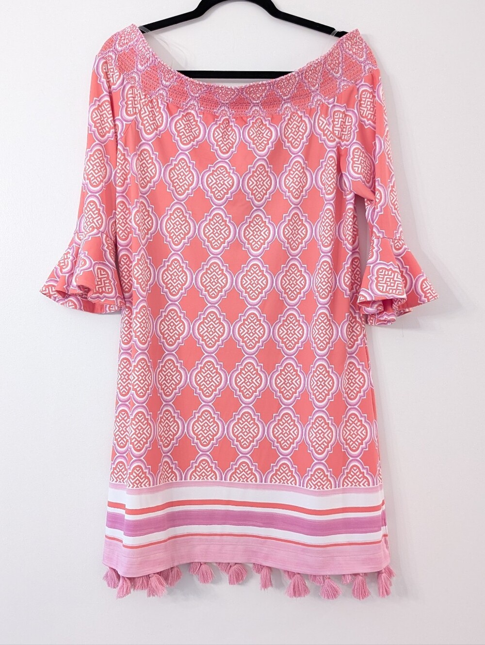 Cabana Life St. Barts Off the Shoulder Dress Coral Geo Coverluxe Smocked Dress - Picture 2 of 7
